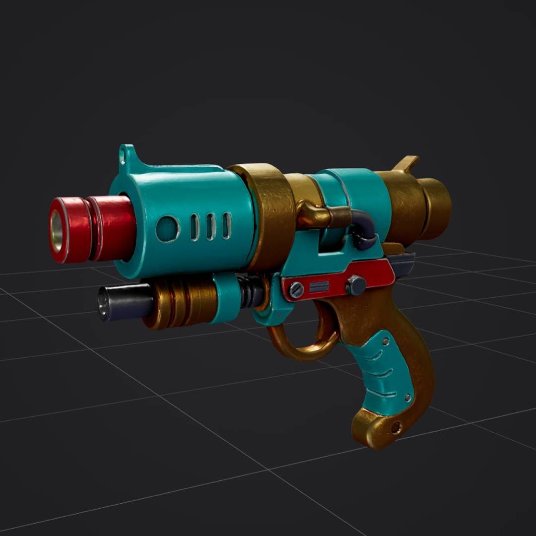 retro sci-fi ray gun, turquoise red and gold, stylized 3D weapon