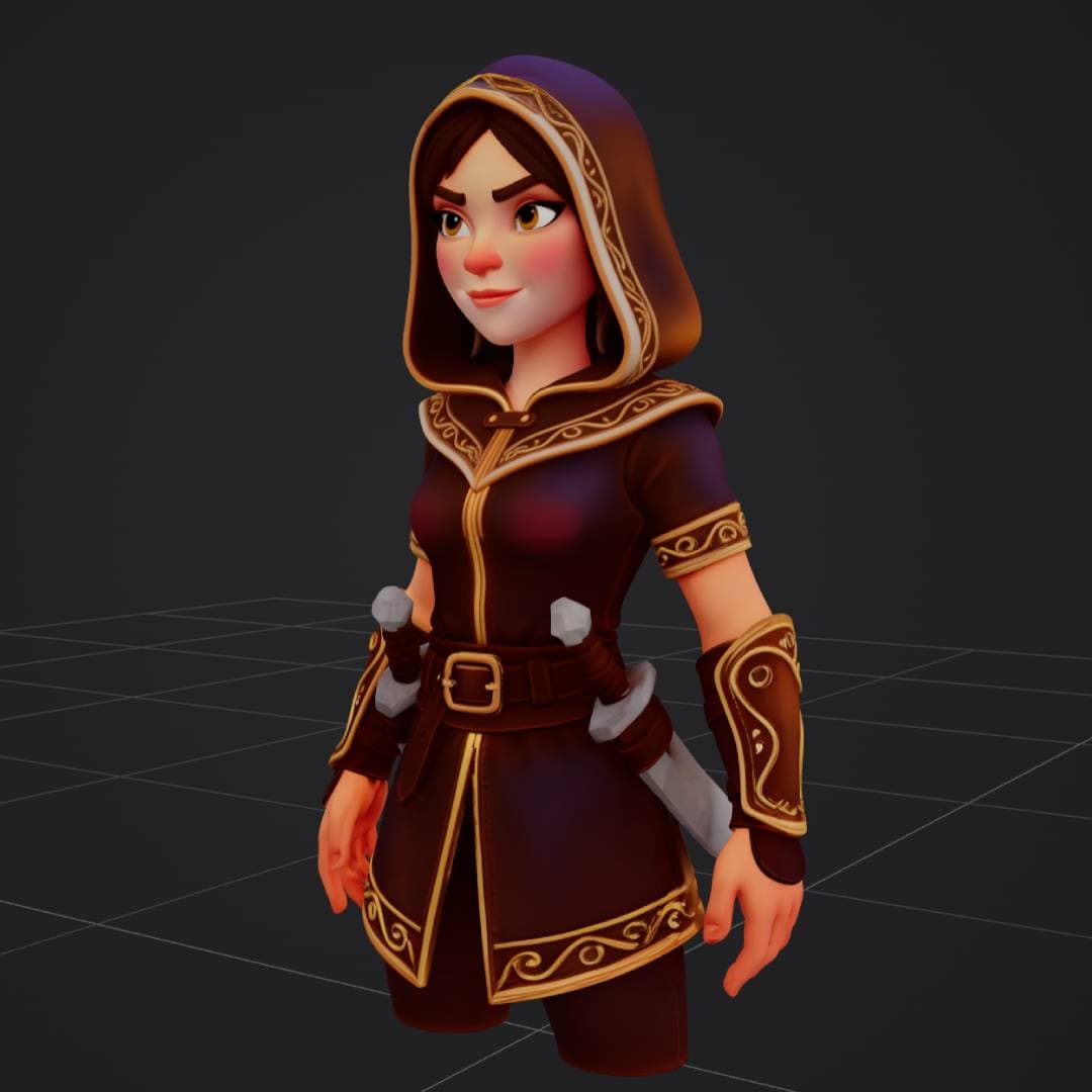 Output - stylized fantasy rogue girl in hooded red outfit with dual daggers