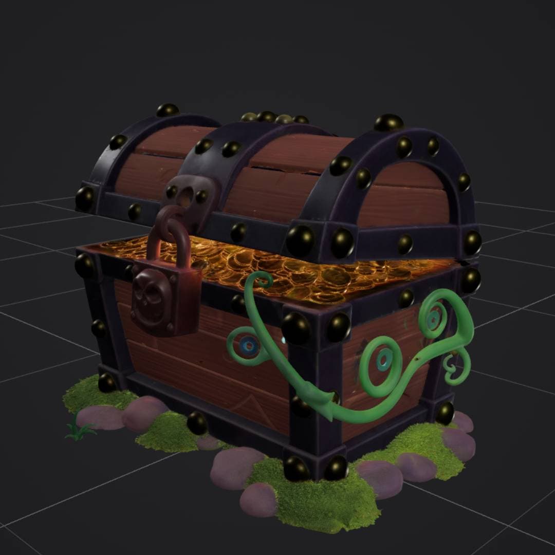 stylized treasure chest with gold coins, padlock, vines and moss