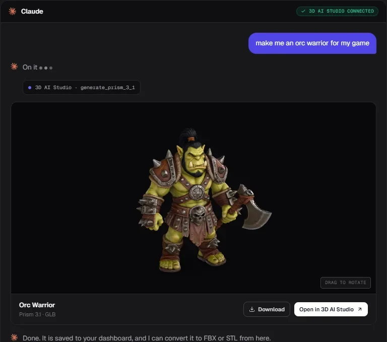 Claude conversation with the 3D AI Studio MCP connector showing a generated orc warrior 3D model in a viewer