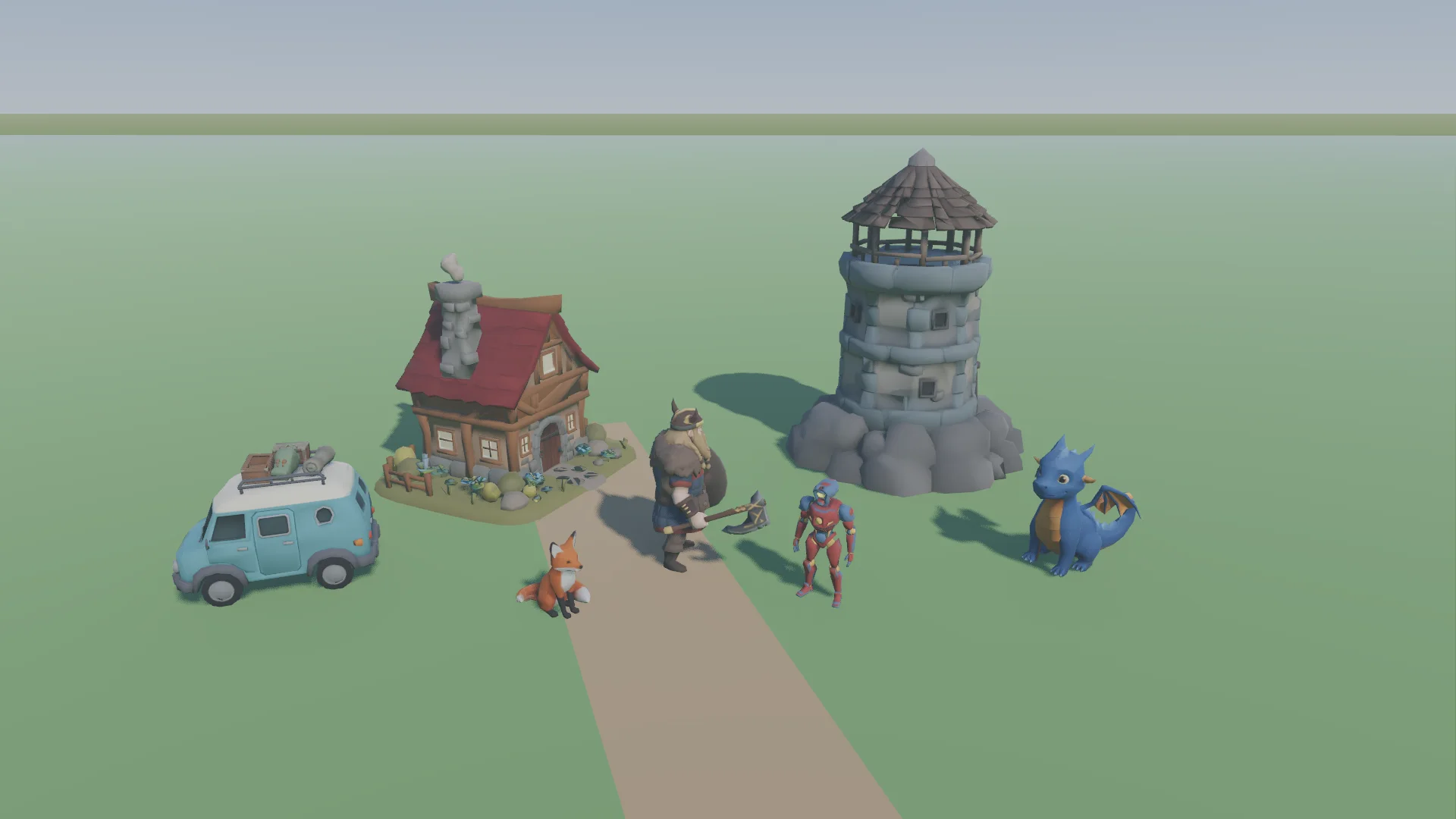 In-game render from Godot: a low poly village with a red roofed cottage, a stone watchtower, a viking warrior, a fox, a robot, a blue dragon and a camper van on grass