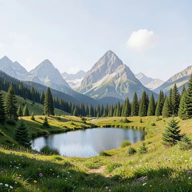 Drawing of mountains and a lake turned into a landscape photo