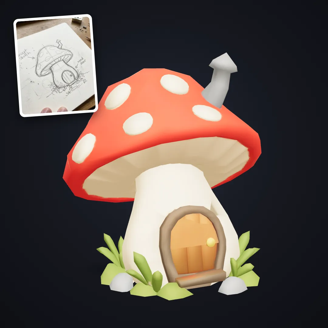 Mushroom house sketch to low-poly prop