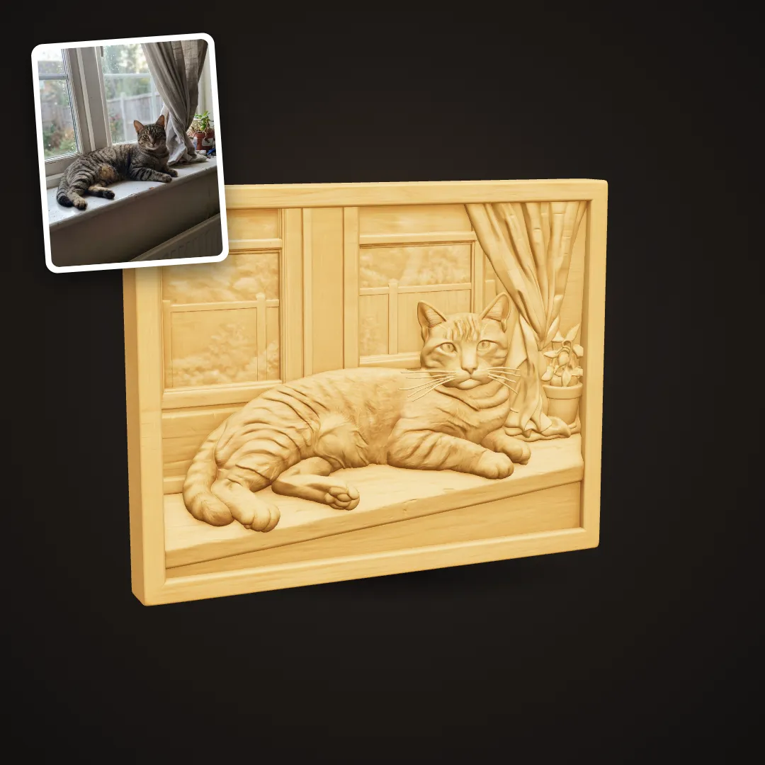 Tabby cat wood carving